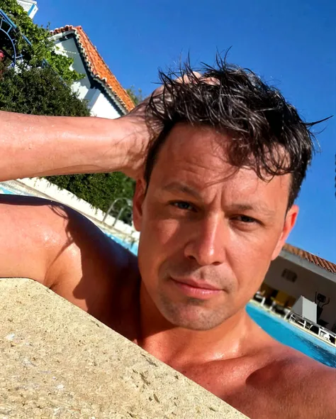 tattoo only on neck and chest and blue eyes pool