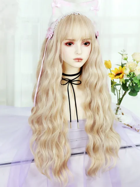 A white doll with long curly hair