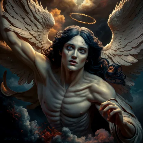 Painting of an Angel emerging from a pool of blood, visible organs, flying, huge burning wings, dark, adult angel, hell, calm, long hair, hd, oil painting, gritty, art, wide shot