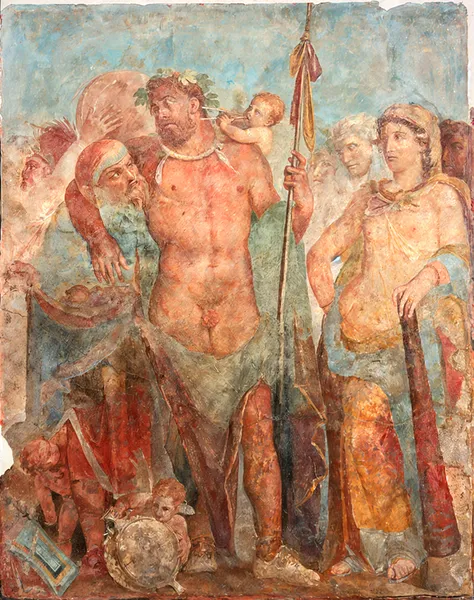 Oil painting, a medival party, with naked women