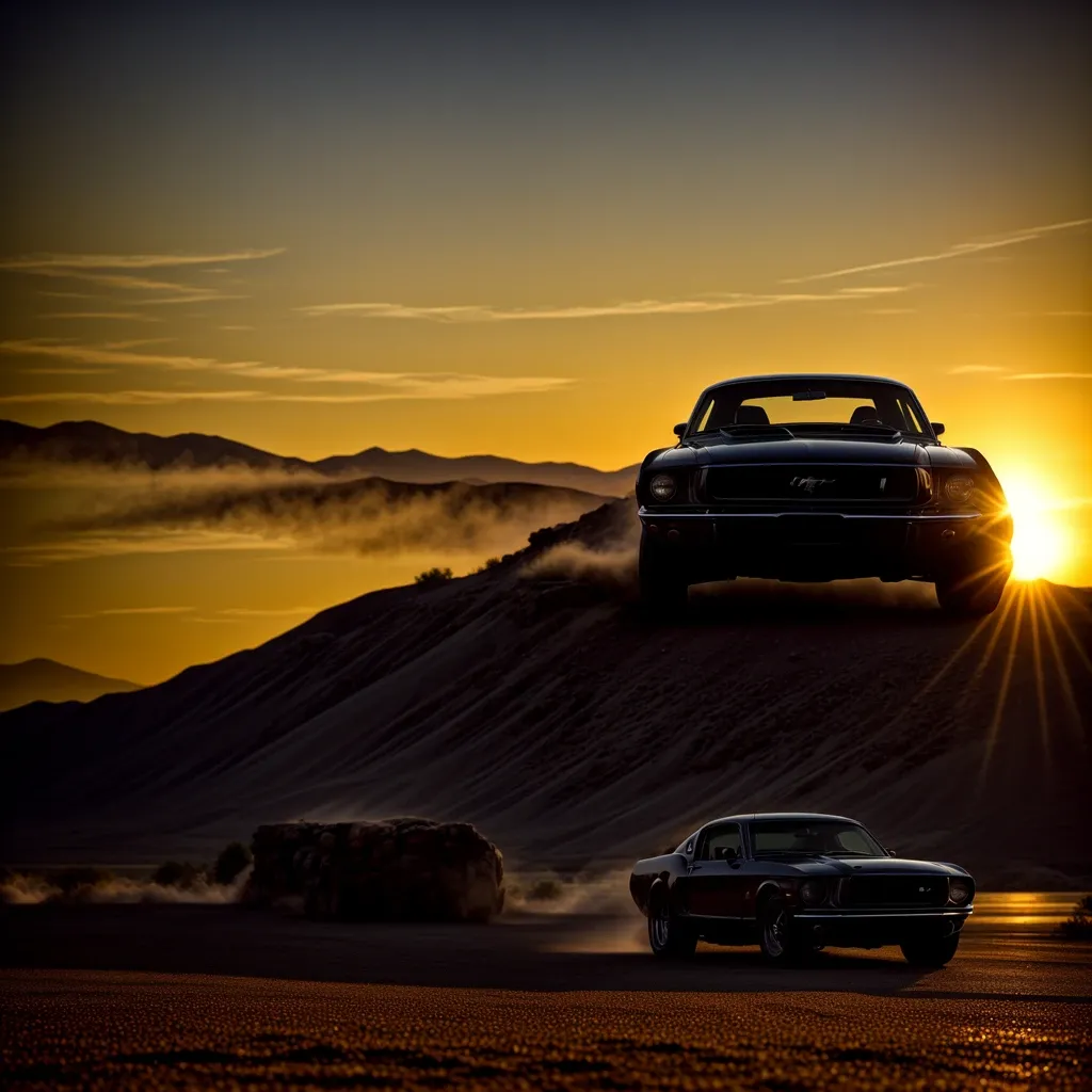 Meisterwerk, beste Qualität, Kinofoto des Klassikers, ford mustang, Oldtimer, glänzenden Oberfläche, Wildwest-Hintergrund, Sonnenuntergang, hochauflösend, Foto, Film, highres