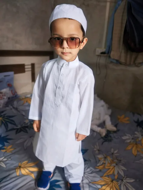 arafed boy in a white dress standing on a carpet, reyyan, dressed thobe, wearing traditional garb, wearing authentic attire, ismail, inspired by Fathi Hassan, inspired by Sheikh Hamdullah, traditional clothes, 4yr old, traditional dress, riyahd cassiem, traditional costume, 2 years old, traditional clothing, mohamed chahin