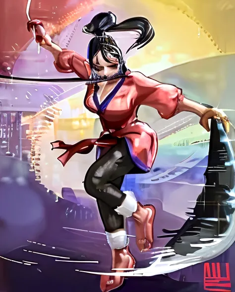 masterpiece, best quality, movie still, 1girl, cloud girl, long black hair, red round sunglasses, bussiness outfit, white shirt, long black pants, looking behind with a sassy grin, reddish light, night, in the city, carrying a katana on her shoulder
