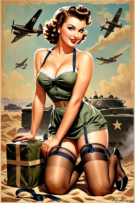 a pinup woman is riding a nuclear bomb with a sexy pose in an vintage art style