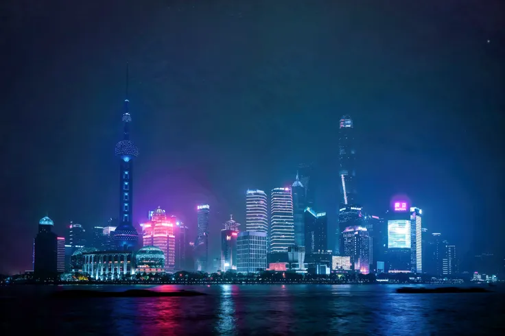 Nighttime view of a city skyline with a large body of water - SeaArt AI