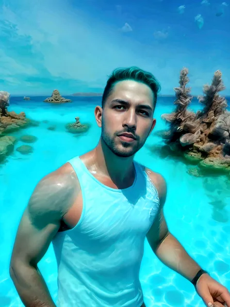Foto de corpo inteiro de um lindo homem de 25 anos , ele tem calda de sereia no lugar das pernas, He's shirtless, He sitting on a rock that has shells and starfish in a beautiful sea cave he has pale skin, ele tem cabelo preto, ele tem cabelo liso, ele tem cabelo longo na altura do ombro, He has eyes like sharks, ele tem olhos cintilantes na cor violeta, he's got his body wet, he's got wet hair, The lighting of the cave is of a cold blue tone, The atmosphere of the castle is dark and frightening,  foco nítido, (8k, melhor qualidade, obra-prima: 1.2), (realista, foto-realista: 1.37), ultra-detalhado, foto profissional, (Perfect lips), (cabelos detalhados), (pele altamente texturizada), (pele altamente detalhada), (Rosto altamente detalhado), (olhos altamente detalhados), detalhes intrincados, (pele ultra detalhada), foto RAW, 35mm