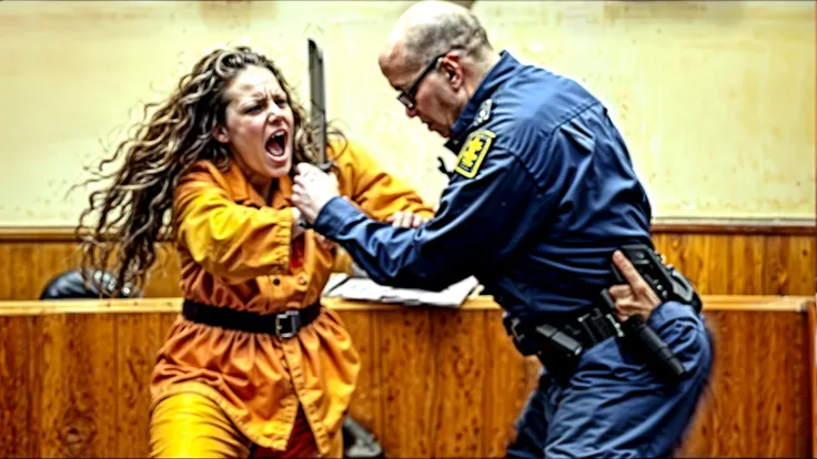 a girl in an orange shirt is being escorted and forced by a black police officer, courtroom scene, in a courtroom,  court session images, defense attorney, scene from live action movie, aggressive, in court, shot from movie, absolutely outstanding image, fight scene, fighting, pleading face, the girls shouting with intense expression and very angry, realistic image, 16k resolution