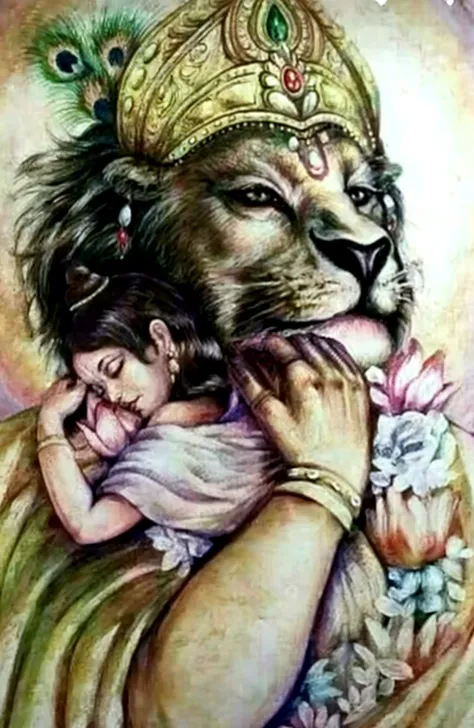 "Create an ultra-realistic image of Goddess Skandamata, depicted in her nurturing and powerful form, riding an enormous, majestic lion. She should be dressed in a vibrant green saree, symbolizing growth, fertility, and divine energy. The saree should be richly embroidered with gold patterns, reflecting her regal status. Her skin should have a radiant, golden glow, symbolizing her divine nature, and her face should be serene and motherly, with large, compassionate eyes and a gentle smile that exudes both grace and strength.

In her arms, she should be holding her  son, Lord Kartikeya (also known as Skanda), with tender care. Baby Kartikeya should be depicted as a beautiful child with a divine aura, seated comfortably in his mother's arms, perhaps holding a small weapon like a spear, symbolizing his future role as a warrior god.

The lion she rides should be depicted as extremely large and powerful, with a thick mane and a fierce yet loyal expression, symbolizing courage and protection. The lion’s size and majesty should enhance the divine presence of the goddess.

The background should feature a celestial landscape, with soft, golden light and subtle elements like swirling clouds or a glowing sky, creating an atmosphere that reflects both the nurturing and powerful aspects of Goddess Skandamata. The overall image should capture the essence of her maternal grace, divine authority, and protective strength, presented in a highly realistic and detailed manner."