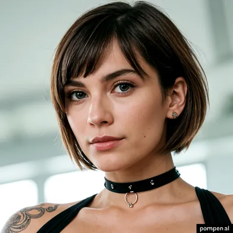 (Por favor genere una imagen de una mujer joven con una camisa y un collar.. She has brown hair, Grande, ojos azules, y un sutil, look de maquillaje natural. The selfie should show you without visible makeup., and she should be looking directly at the camera.. El rostro debe parecer realista y natural.. Full body photo of this attractive woman should present an eye-catching pose., y ella tiene unos ojos azules penetrantes. La chica tiene un comportamiento dulce., and the pose must be sweet too. Make sure the woman's entire body is visible in the image.. El fondo debe ser claro y ordenado.. Los detalles de la imagen deben ser de alta calidad.(La mejor calidad)), ((Obra maestra)), (Detallado), Cara perfecta senos grandes, chubby
