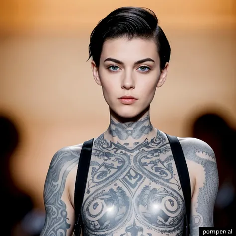 White young twin's ( Man and woman) , Punk tattoos, 18 years old, mohawk haircut, black hair, blue eyes fixed, intense gaze, affiliated features, no facial hair, height 1.83, weight 88 kg , muscular build, broad shoulders, V-shaped body, full body focus, completely hairless,