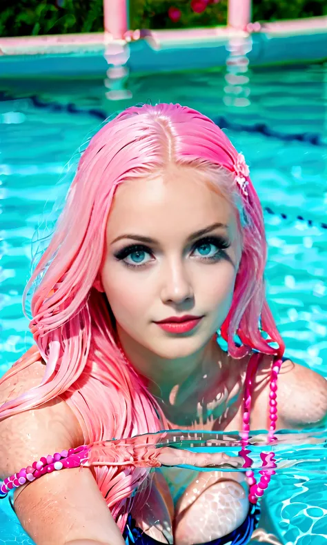 best quality, masterpiece, ultra high res, realistic, bright colour, female, ultra large breast, sexy face, skinny sexy body, very long pink hair, fully nude, front view, under water, 