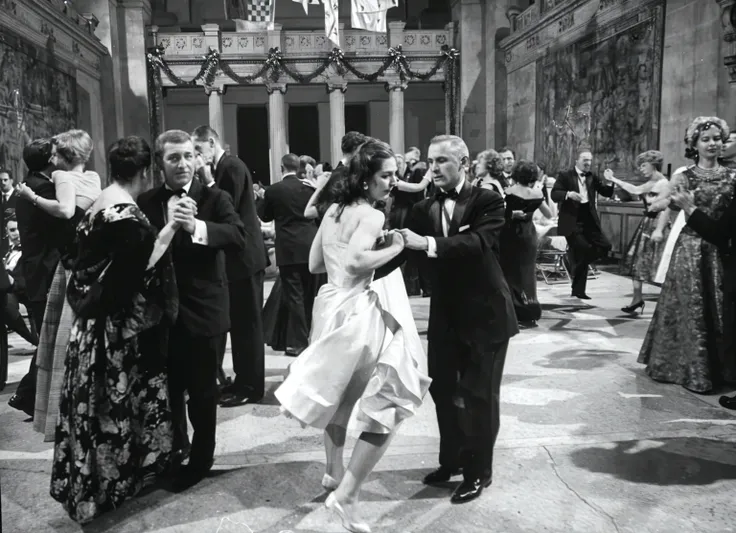 A Sophisticated Woman at a 1950s Ball" An image of a glamorous woman dressed in a stunning 1950s ball gown, strutting elegantly across the ballroom dance floor. The image is styled with a vintage black and white filter, capturing the timeless elegance and the charm of the high society nights of the time.