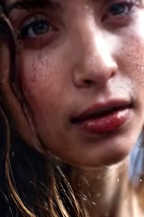 A girl, old ragged clothes (torn clothes 1.5), splashed water on her body (wet shirt 1.8), shocked face, hyper realistic, unreal engine, ultra detailed, perfect face, HD, photo art