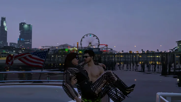 in the city two people are sitting on the ground, ariana grande in gta v, Sitting on the beach at night, with a city in the background, Filmischer Screenshot GTA 5, gta v screenshot, GTA 5 screenshot, GTAV, kiss sweetly together, city in the background, Screenshot von GTA V, romantic on the roof, gta v art, GTA5-Stil