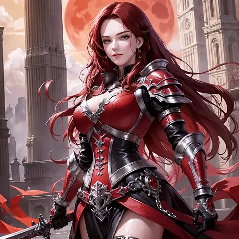 NSFW((masterpiece)), (((Best Quality))), ((Ultra-detailed)), (extremely detailed photo), ((extremely delicate and beautiful)),(Cute delicate face), (A 17 years old dignified girl),(red and black full armor) ,(holding a black glowing sword ),against a dark background in a city,solo, double eyelid,delicate skin,slender body shape,