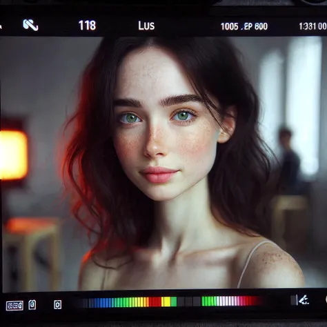 There is a woman with red hair and a white top on a camera - SeaArt AI