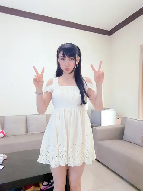 Top quality, ultra high resolution, (photorealistic: 1.4), 1 girl, white dress, look viewer, close-up, elongated legs, small, black shorts, dazzling light, 15 years old, long ponytail, smile