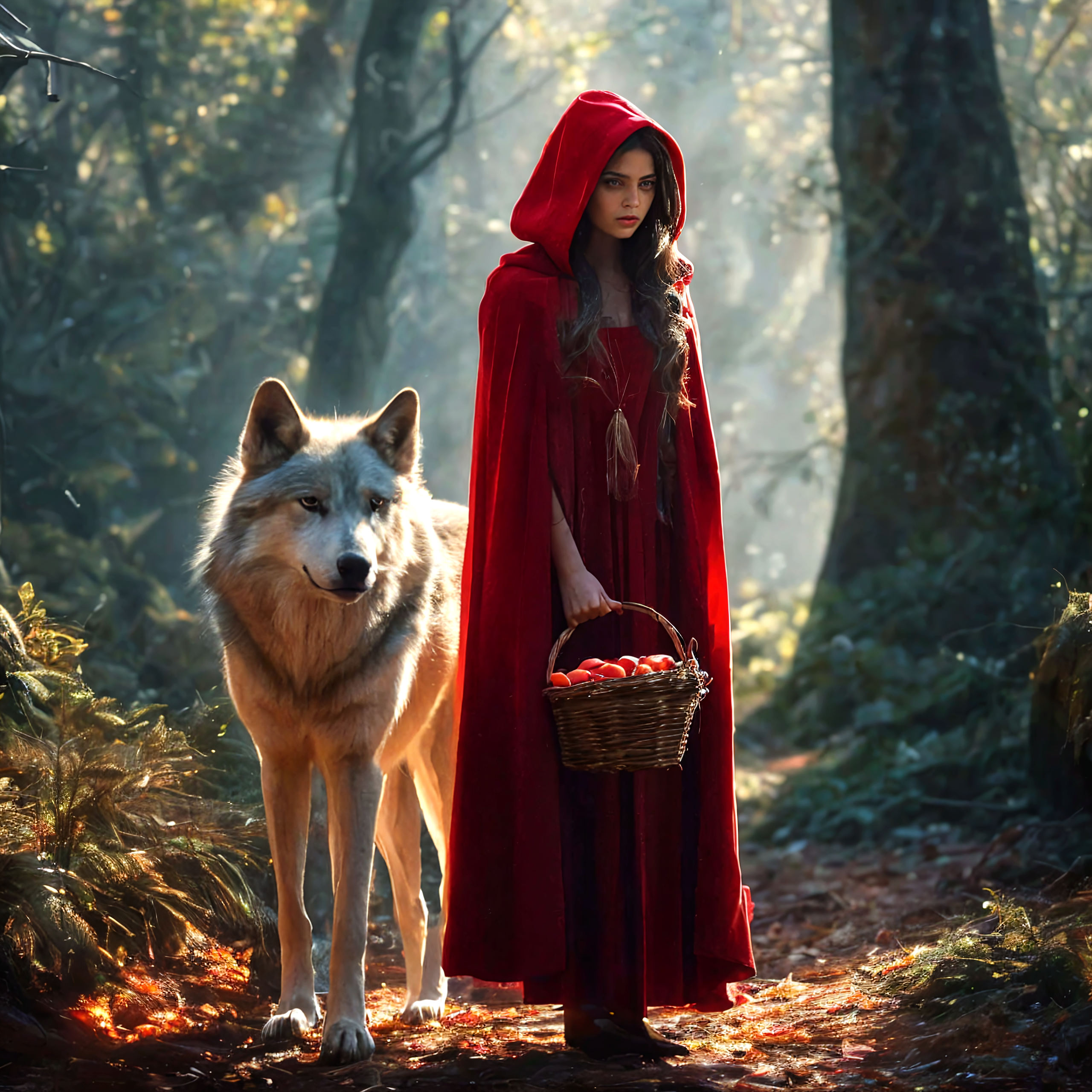 Arafed woman in red riding a horse and a wolf - SeaArt AI
