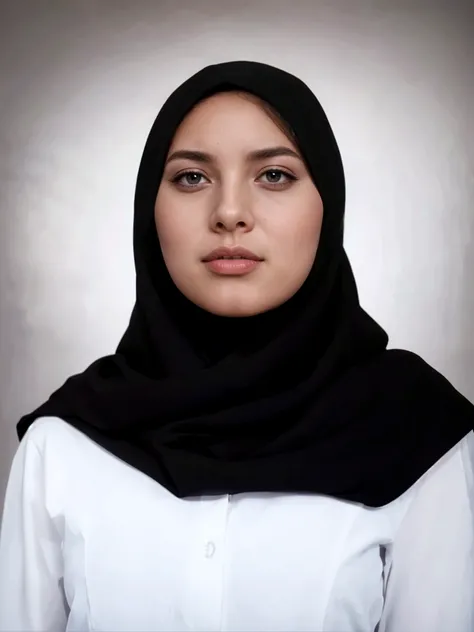 Portrait of a Muslim Arab girl in hijab, white skin black eyes white background