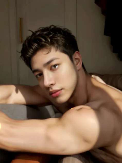 Ultra photorealistic, 20 year old, handsome model, Korean man, nude, on top of the bed, penis, Top view, expression of ecstasy/orgasmic, cumshot, cum on chest and face