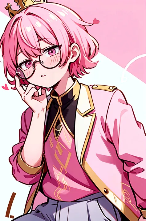 a young man with medium pink hair and some white highlights, UP TO THE NECK, piercings na orelha, hot pink eyes, short clothing. your chin rests under your hands in a perverted way. the pink, red and orange are colors present in her sexy and short outfit, next to a pair of light purple glasses. He smiles mischievously and seductively, leaning on the large sofa with his elbow on the back of the sofa. femboy, 精致的面容. white short shorts, short pink blouse, open blue jacket. sexy boy. detailled image, HD. cute smile. clear living room, comfortable environment, sofá fofthe pink, leaning on the sofa in a sexy way
