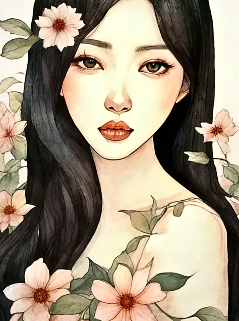 cute young asian woman, long black hair, small breasts, nude, nudity, no_clothes, naked, sad face, big droopy eyes, small lips, small mouth, small nose, long eyelashes, cherry blossom trees, black eyes, thick eyebrows, eyes drooping on outer side, retro artstyle