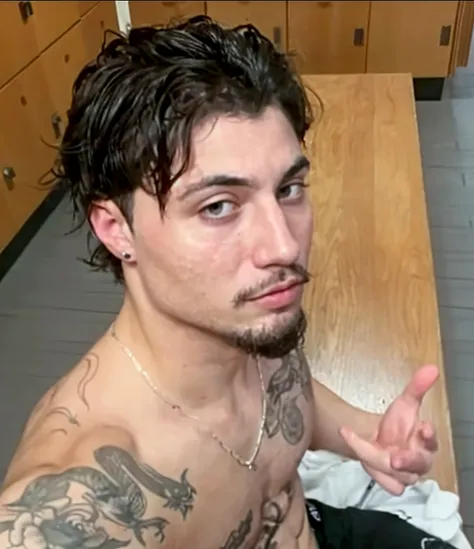 <lora:Cum_on_lips:0.8> photo of a DILF, face lips, (cum:1.2), white goo, crew cut, shirtless, athletic shorts, sitting on a locker room bench