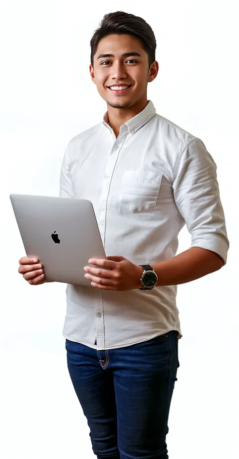 epic realistic，photore，1 Handsome uncle，buzz cut，Beard，Wearing glasses，Chubby figure，large pecs，Wear a professional suit，holding laptop，Enchanted smile，mature，tmasterpiece