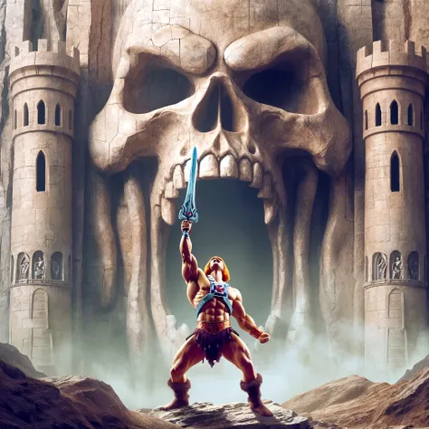 Skeletor standing in front of Castle Grayskull, low angle