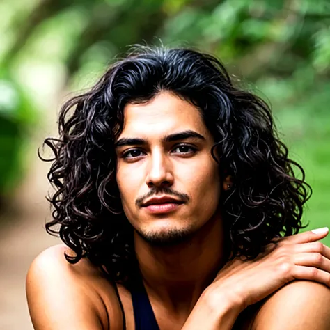 arafed man with long hair and a necklace standing in front of a tree, a black man with long curly hair, with long hair, with long curly hair, inspired by Jorge Jacinto, young with long hair, ramil sunga, a still of an ethereal, mid long hair, mid shot portrait, dramatic portraiture of namenlos