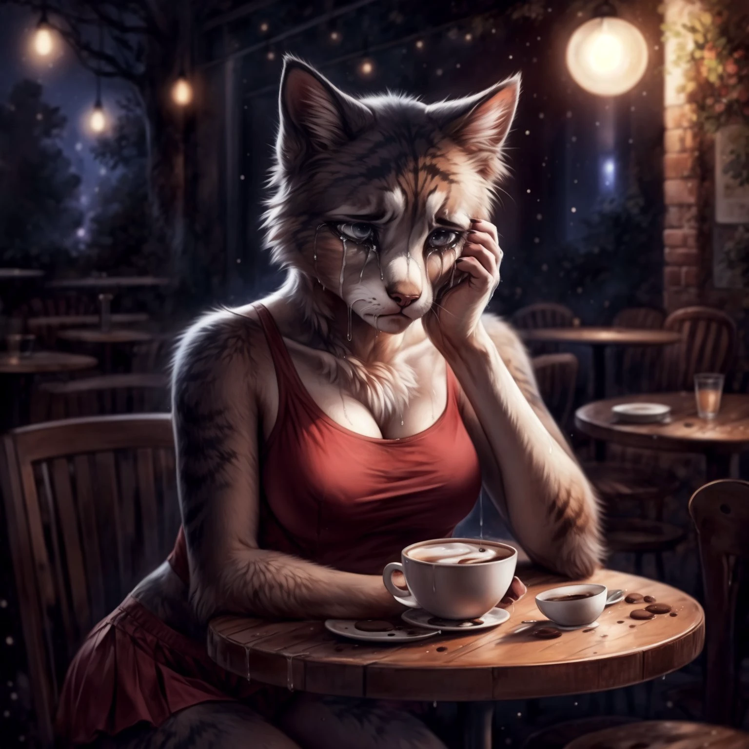 Sad Catgirl in Cafe at Night
