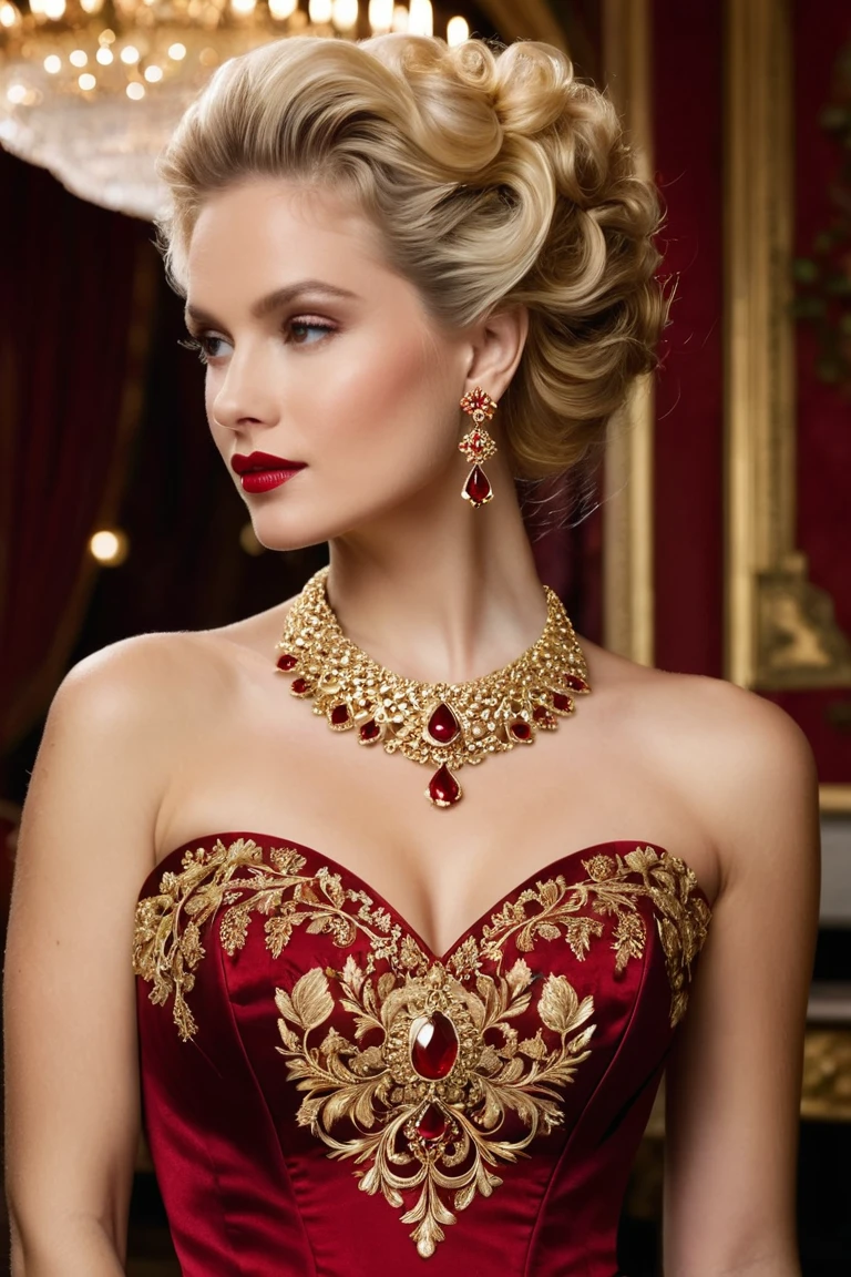 Create an image of an elegant blonde woman dressed in an opulent, strapless red 