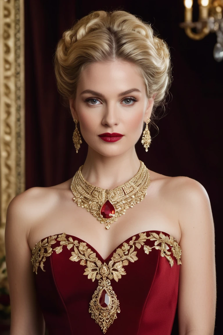 Create an image of an elegant blonde woman dressed in an opulent, strapless red 
