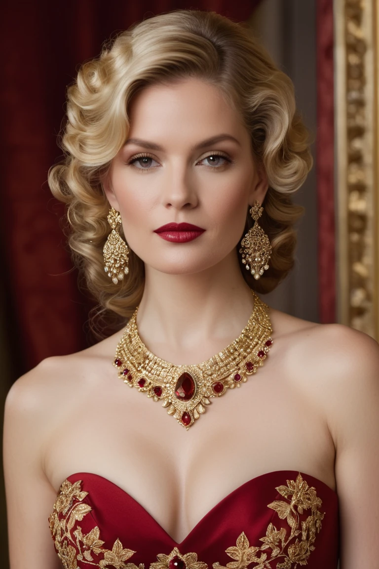 Create an image of an elegant blonde woman dressed in an opulent, strapless red 