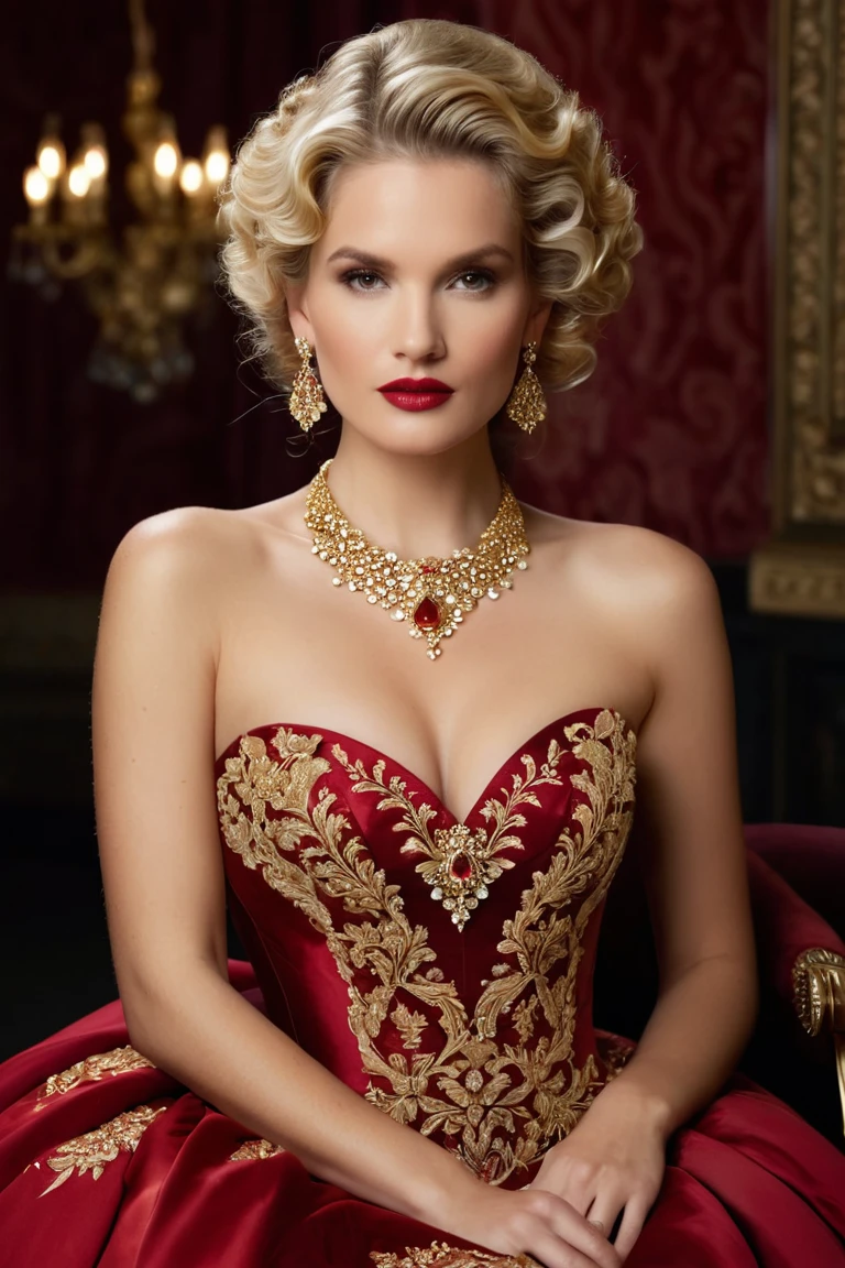 Create an image of an elegant blonde woman dressed in an opulent, strapless red 