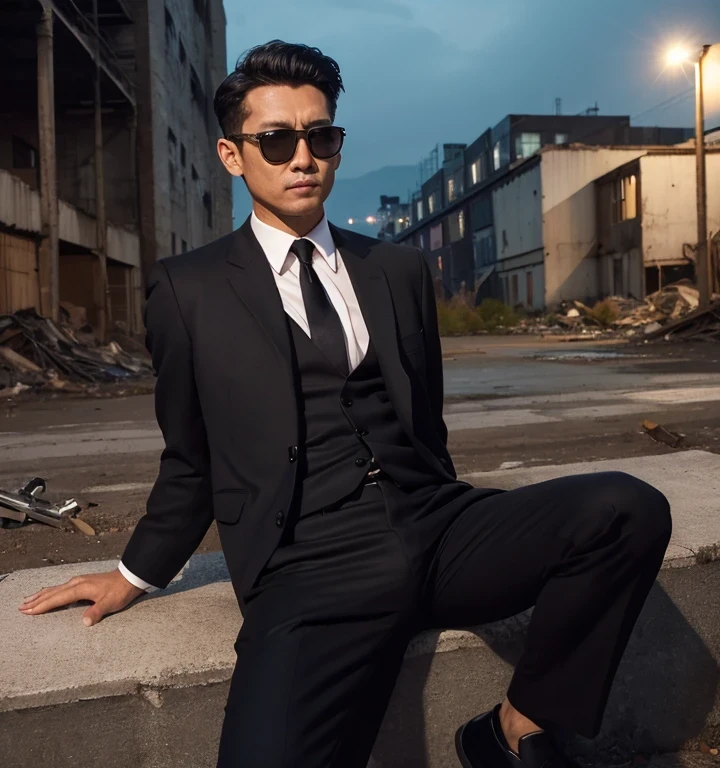 40歳,お父さん,シンプルな黒のシングルスーツ,地面に座る,もっと足を開く,黒帯,黒の?,汚れた黒革の靴,黒のネクタイ,論理, ゲイ ,黒髪,ショートヘア,太