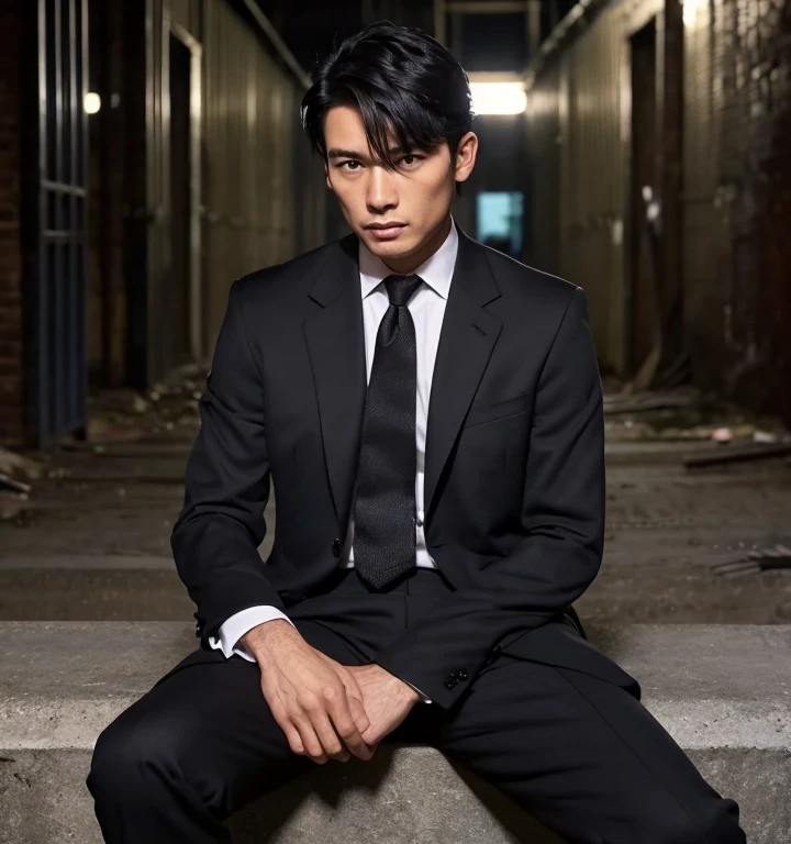 40歳,お父さん,シンプルな黒のシングルスーツ,地面に座る,もっと足を開く,黒帯,黒の?,汚れた黒革の靴,黒のネクタイ,論理, ゲイ ,黒髪,ショートヘア,太