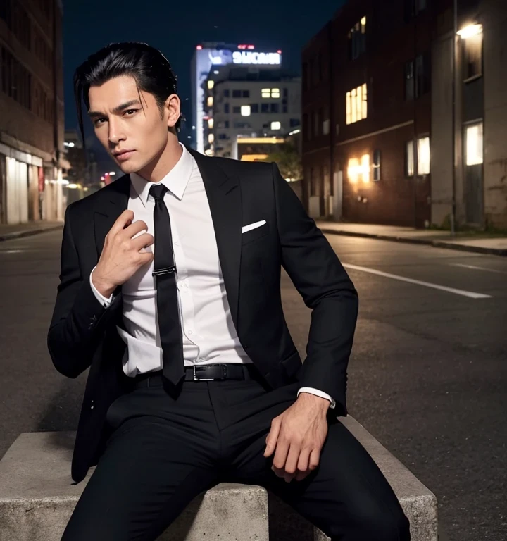 40歳,お父さん,シンプルな黒のシングルスーツ,地面に座る,もっと足を開く,黒帯,黒の?,汚れた黒革の靴,黒のネクタイ,論理, ゲイ ,黒髪,ショートヘア,太
