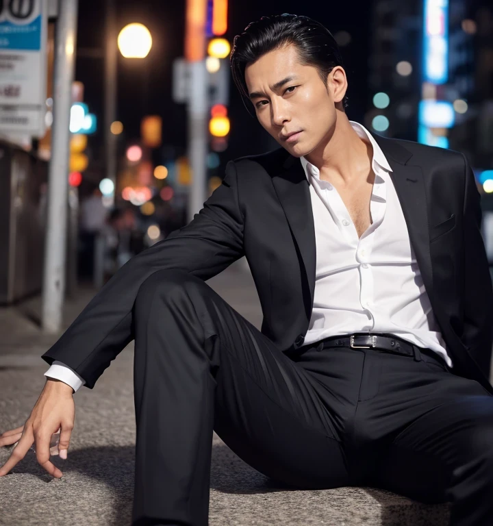 50歳,一人の男,黒スーツ,夜の駐車場、マフィア、腰をかがむ、足を大きく開く,ズボンの股間部分が膨れてる,筋,ゲイ 黒髪,短髪,オール?ヘアー,無精髭,アジ