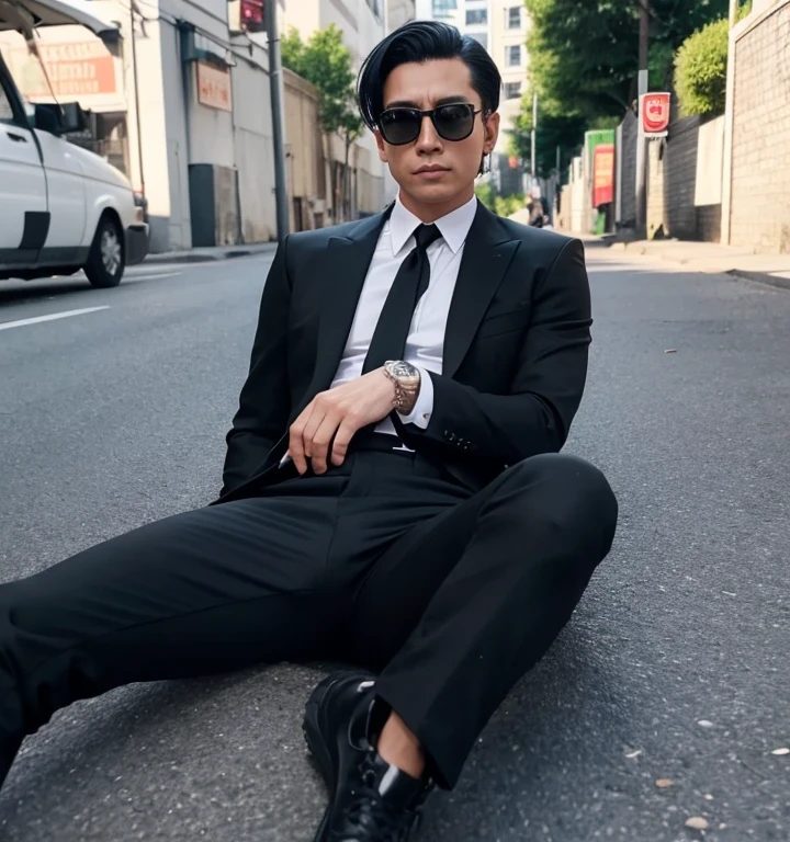 50歳,一人の男,黒スーツ,線路、マフィア、足を大きく開いて倒れてる,ズボンの股間部分が膨れてる,筋,ゲイ 黒髪,短髪,無精髭,アジアの顔,黒のサングラス,上か