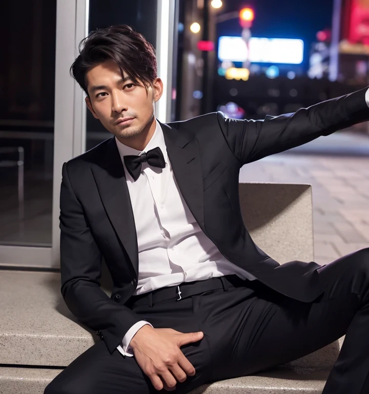 40歳,一人の男,黒スーツ,夜の駐車場、マフィア、腰をかがむ、足を大きく開く,筋,ゲイ ,ベリーショートヘアー,無精髭,アジアの顔,イケメン親父,ズボンの股間部