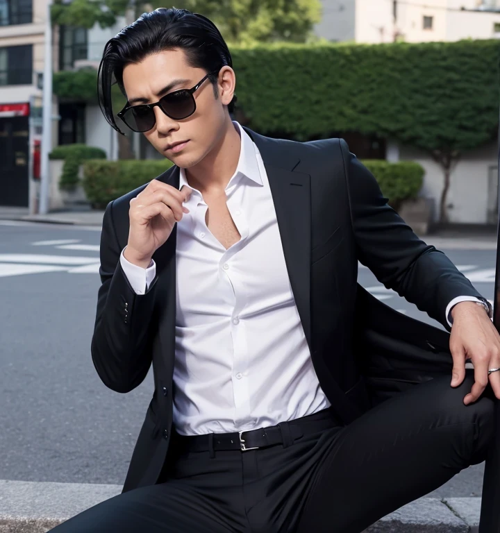 50歳,一人の男,黒スーツ,線路、マフィア、足を大きく開いて倒れてる,ズボンの股間部分が膨れてる,筋,ゲイ 黒髪,短髪,無精髭,アジアの顔,黒のサングラス,上か