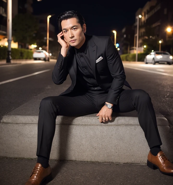 50歳,一人の男,黒スーツ,夜の駐車場、マフィア、腰をかがむ、足を大きく開く,ズボンの股間部分が膨れてる,筋,ゲイ 黒髪,短髪,オール?ヘアー,無精髭,アジ
