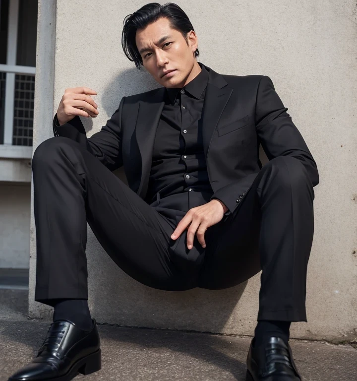 50歳,一人の男,黒スーツ,夜の駐車場、マフィア、腰をかがむ、足を大きく開く,ズボンの股間部分が膨れてる,筋,ゲイ 黒髪,短髪,オール?ヘアー,無精髭,アジ