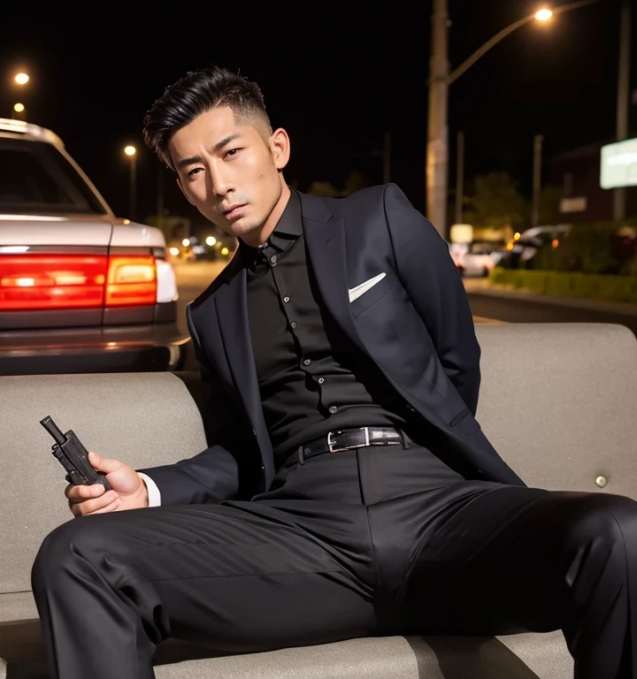 50歳,一人の男,黒スーツ,夜の駐車場、マフィア、腰をかがむ、足を大きく開く、拳銃を構える,足をもっと開いて,筋,ゲイ ,ベリーショートヘアー,無精髭,アジアの