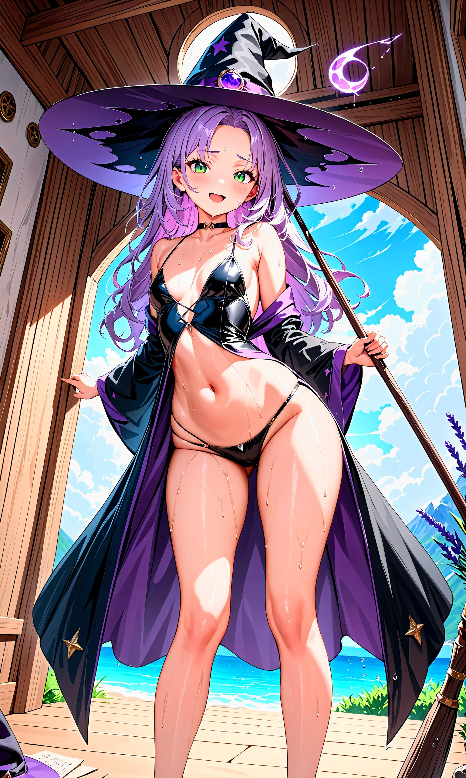 A soothing witch relaxing in a seaside hut