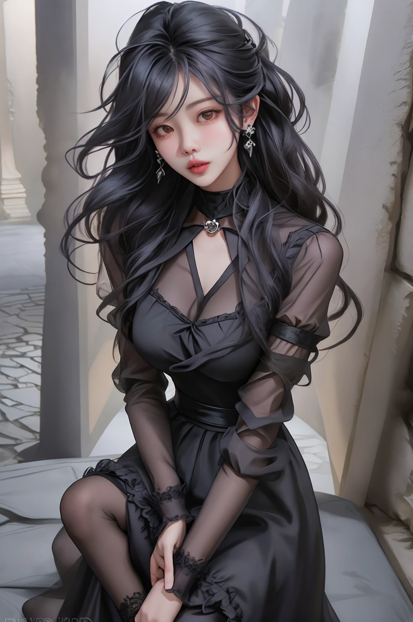 검은색 드레스를 입은 헝클어진 머리의 소녀