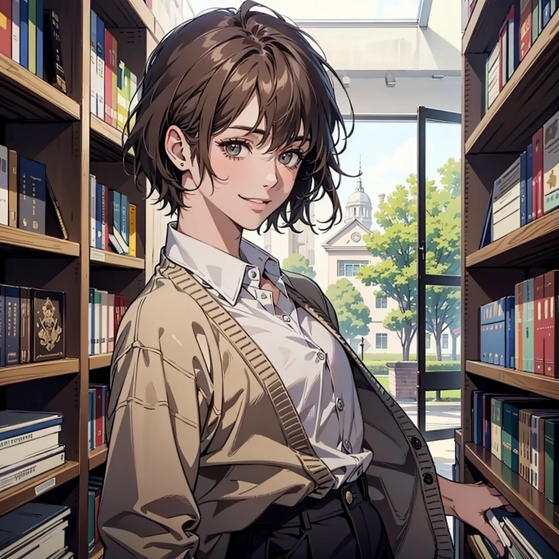 アニメ風の図書館にいる女性