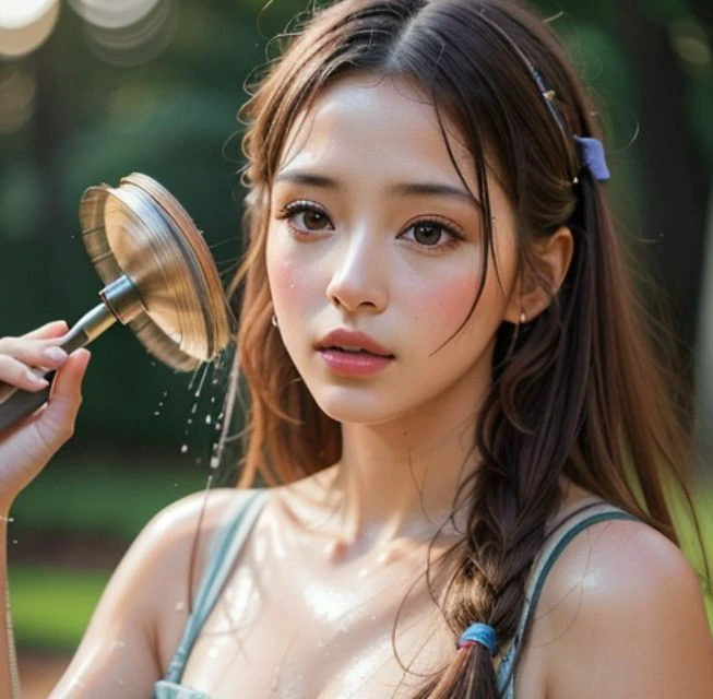 잔디밭 위에서 몸에 물을 적시고 있는 더운 여성