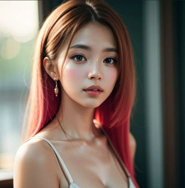 창가에 서 있는 더워서 땀으로 인해 몸이 촉촉해진 여성